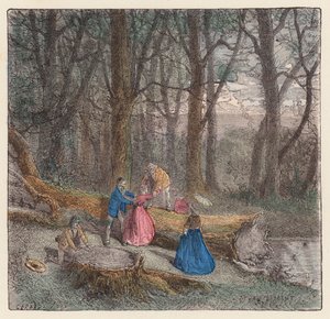 Folk som klatrer over et felt tre (farget gravering) av French School