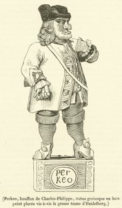 Perkeo, narr av Charles-Philippe, grotesk statue i malt tre plassert overfor det store tonnet Heidelberg (gravering) av French School