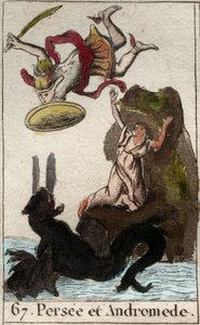 Se representasjon som kommer til unnsetning av Andromede enchainee a un rock (Perseus redde Andromeda lenket til en stein) Fra "Mythologie de la jeunesse" av Pierre Blanchard 1803. av French School