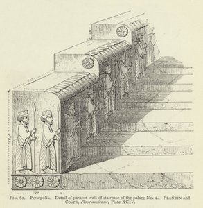 Persepolis, Detalj av brystningsveggen til trappen til palasset nr. 2 (gravering) av French School