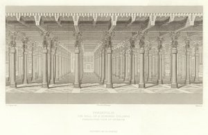 Persepolis, Hall of a Hundred Columns, Perspektivutsikt over interiøret, restaurert av Ch Chipiez av French School
