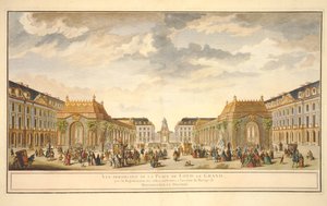 Perspektiv utsikt over Place de Louis le Grand med rommene konstruert i anledning ekteskapet til Monseigneur le Dauphin (fargegravering) av French School