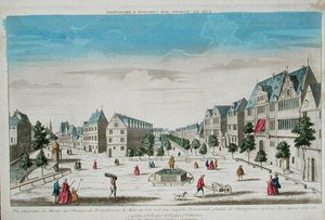 Perspektiv utsikt over Rossmarkt, Frankfurt (farget gravering) av French School