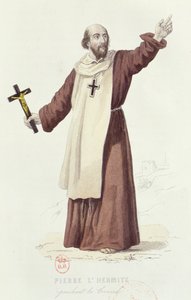 Eremitten Peter (ca. 1050-1115) forkynte det første korstoget i 1095, ca. 1840 (fargegravering) av French School
