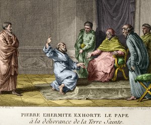 Eremitten Peter formaner pave Urban II til utfrielsen av Det hellige land i 1093 (Eremitten Peter forkynner det første korstoget) - Gravering fra figurene fra Frankrikes historie, sd. slutten av 1700-tallet av French School
