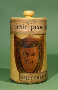 Farmasøytisk krukke for oppbevaring av rå opium, 1632 (keramikk) av French School