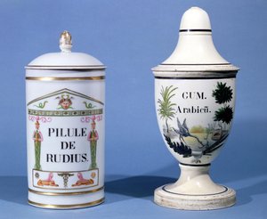 Farmasøytiske krukker for Pilule de radius og Gum Arabic (fajanse) av French School