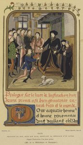 Filip den gode, hertugen av Burgund, sittende på en tribune og mottar en bok, 1400-tallet av French School