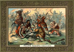 Philippe Auguste in Bouvines in 1214. 19th century chromolithography Coll. Bianchetti. av French School