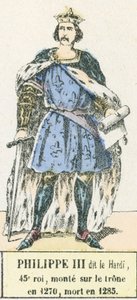 Philippe III dit le Bold, 45. konge, besteg tronen i 1270, døde i 1285 (farget gravering) av French School