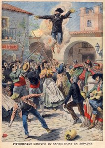 Pittoresk skikk av hellig lørdag i Spania: folket lager en flettet mannequin kledd i oriskins (Judas) som går gjennom gatene, invektiv, skutt og brent - illustrasjon fra "The Petit Journal" av 31. mars av French School
