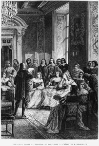 Pierre Corneille (1606-84) leser Polyeucte på Hotel de Rambouillet, ca. 1880 av French School