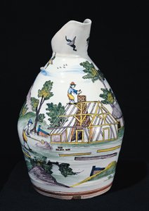 Mugge som viser konstruksjonen av en bygning, Sinceny, ca. 1740-50 (fajanse) av French School