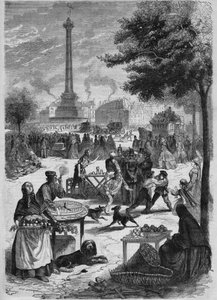 Place de la Bastille på en søndag i september. Gravering etter en skisse av Pignard fra 1865. av French School