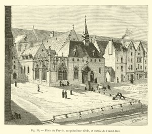 Place du Parvis, på det femtende århundre, og inngangen til Hôtel-Dieu av French School