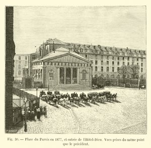 Place du Parvis i 1877, og inngangen til Hôtel-Dieu, utsikt tatt fra samme punkt som den forrige av French School
