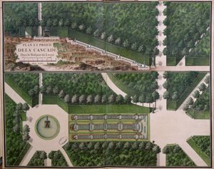 Plan og tverrsnitt av kaskaden i Levantens lund, fra Gardens at Marly, tidlig på 1700-tallet (wc på papir) (se også 174228) av French School