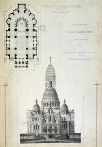 Plan og høyde av det hellige hjerte, prosjekt av Mr. Abadie, sent på 1800-tallet av French School