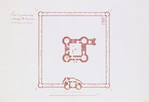 Plan for første etasje i Donjon i Vincennes, 1810 (penn og blekk på papir) av French School