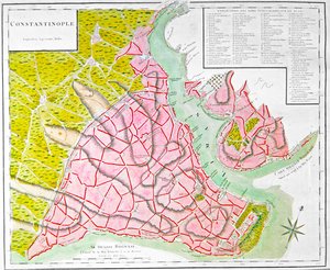 Plan av Konstantinopel (håndfarget gravering) av French School