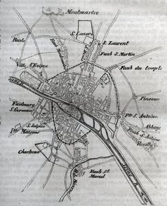 Plan of Paris under Henri III (1580) Engraving in “” Histoire physique, civile et morale de Paris: depuis les premiers temps historiques à nos jours”” by Jacques Antoine Dulaure av French School