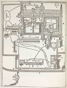 Plan over benediktinerklosteret i Canterbury på 1100-tallet, fra militært og religiøst liv i middelalderen av Paul Lacroix, publisert i London ca. 1880 av French School