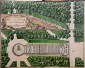 Plan over Cascade in the Grove of Agrippina, fra Gardens at Marly, tidlig på 1700-tallet (wc på papir) (se også 163976) av French School