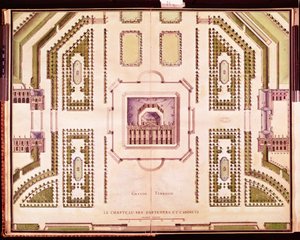 Plan over den store terrassen til Chateau de Marly, 1714 av French School