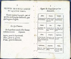 Planeter og astrologiske tegn behandlet humoristisk - i "Almanach pour le temps passe"", av Jean Guerin av French School
