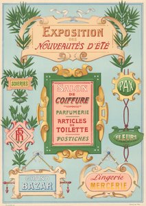 Tavle nr. 17: Skiltmodeller for jugendmaler (utstilling, frisørsalong, basar, sybehør). av French School