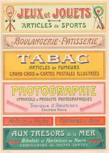 Plate nr. 20: Skiltmodeller for bokstavmaler i jugendstil (Spill og leker, Bakeri-Patisserie, Tobakk, Fotografi). av French School