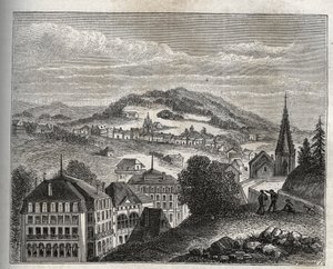 Plombieres-les-Bains (Plombieres les Bains) termiske feriestedet Vosges - gravering i "La France illustree: geografi, historie, statistisk administrasjon" av V.A. Malt-brun. 1884 av French School