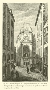 Point of the Pont au Change og monumentet til Louis XIII, utsikt tatt fra gaten dannet av husene til broen på 1700-tallet, revet i 1788 av French School