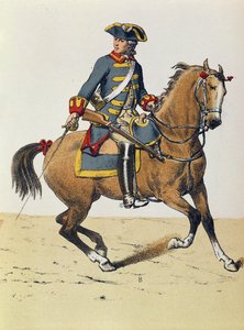 Politibetjent fra ca. 1750 montert på en hest, 1800-tallet (fargegravering)