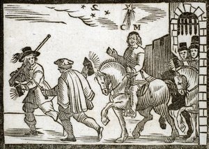 Political pamphlets Mazarinade: Mazarin flees from Paris on horseback, in the middle of the night, preceded by two valet carrying lanterns. Engraved wood 1651 av French School