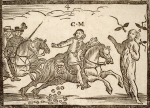 Politiske brosjyrer Mazarinade: Mazarin slipper ecus på sin flukt: skyggen av Concini, Marshal of Anchor, står foran ham. Gravert tre 1651. av French School