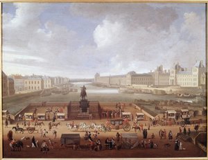 Pont-Neuf, Paris, sett fra inngangen til Place Dauphine som viser 4 Nations College, Quai Malaquais og Louvre (olje på lerret av French School