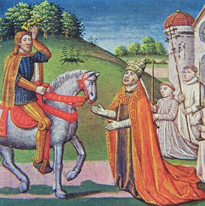 Pave Adrian I møter Charlemagne, miniatyr fra 