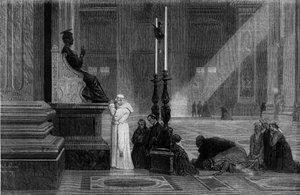 Pope Pius IX (1792-1878) prayed near the statue of St. Peter in the Basilica of St. Peter in Rome. Engraving from “” Rome: description and souvenirs”” by Francis Wey, years 1870. av French School