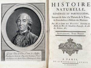 Portrett og tittelside av "" Natural, generell og spesiell historie"" av Buffon av French School