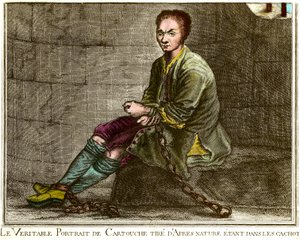 Portrait en pied av Louis Dominique Cartridge (1693-1721), fransk brigand i fangehullet hans Gravering av 1700-tallets privatsamling av French School