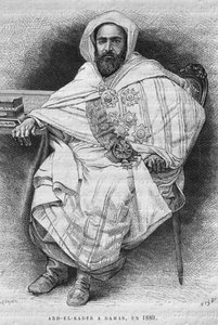 Portrett av Abd el-Kader i Damaskus i 1880 (1808-83), fra Syria i dag. Reiser i Fønikia, Libanon og Judea. 1875-1880 av Louis Charles Emile Lortet, 1884 (bw gravering) av French School