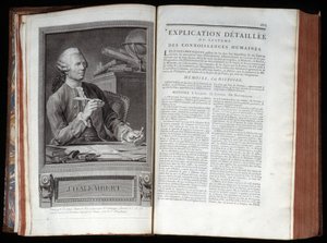 Portrett av Alembert og en tekstside av Encyclopedia of Diderot and Alembert av French School