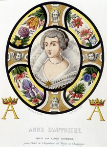Portrett av Anne av Østerrike, dronning av Frankrike (1601-1666). Faksimile av et glassmaleri fra middelalderen i «Histoire de la peinture sur verre»» av Ferdinand de Lasteyrie av French School
