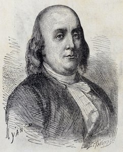Portrait of Benjamin Franklin (1706 - 1790), American politician, memorialist, pamphletar and physicist - in “” Album of Science; illustrious scholars; Great Discoveries””” 1896. av French School