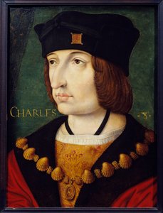 Portrett av Charles VIII (1470-1498) sønn av Louis XI Maleri av den franske skolen på 1500-tallet av Jean Perreal. Dim. 0,36x0,27 m. Musee Conde, Chantilly av French School