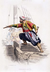 Portrett av Dragut - Reïs, tyrkisk sjørøver fra det 16. århundre - i ""History of pirates and corsairs of the Ocean and the Mediterranean"" av P. Christian, Paris, D. Cavaillés ed., Tome 1 av French School