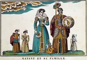 Portrett av Gayant, en gigant som symboliserer byen Douai, skildrer med familien: hans kone, Marie Cagenon, og hans tre barn, Jacquot, Fillon og Binbin. Gravering fra 1700-tallet, bilder av Belfort. Ferrand samling av French School