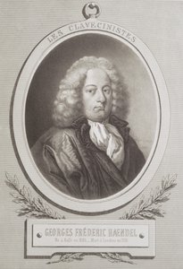 Portrett av George Frederick Handel (1685-1759) foran på et partitur av French School