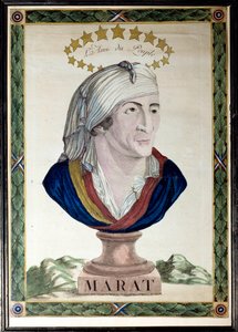 Portrett av Jean Paul Marat, fransk lege, journalist og politiker (1743-1793), folkets venn. Etsning med sterkt vann og meisel fra 1700-tallet. Paris, Musee Carnavalet. av French School